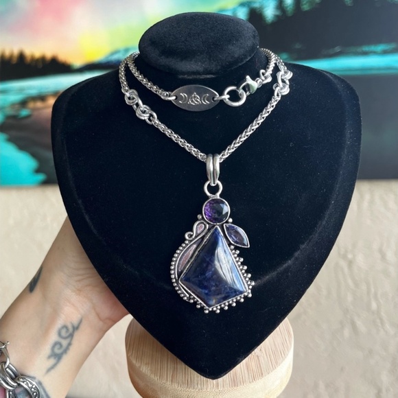 925 Sterling silver overlay amethyst & dark blue sodalite gem boho necklace - Picture 9 of 9